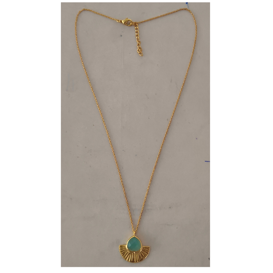 Aqua Chalcedony Heart & Fan shape Gold Plated on Brass Fan Shape Pendant 42 + 3cm