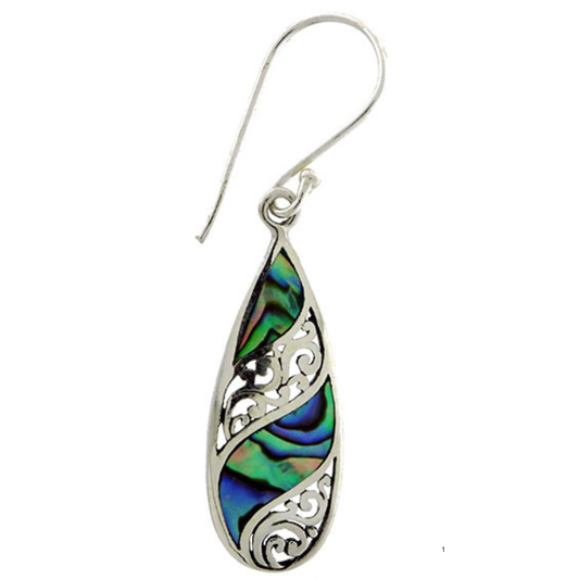 E/R NZ Paua & stg silver teardrop w spiral 25x10mm