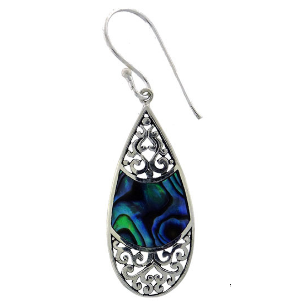 E/R NZ Paua & stg silver teardrop w spiral pattern 30x10mm