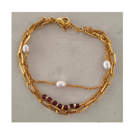 Pearl and Garnet Facet 3xstring & Gold Plated on Brass Bracelet 16=2cm