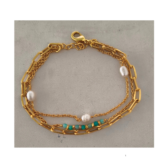 Pearl & Amazonite Facet 3x strings Gold Plated on Brass Bracelet