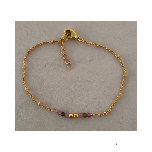 Multi Tourmaline Facet Beads & Gold Plated on Brass Beads & Fine Chain Bracelet 16+2cm
