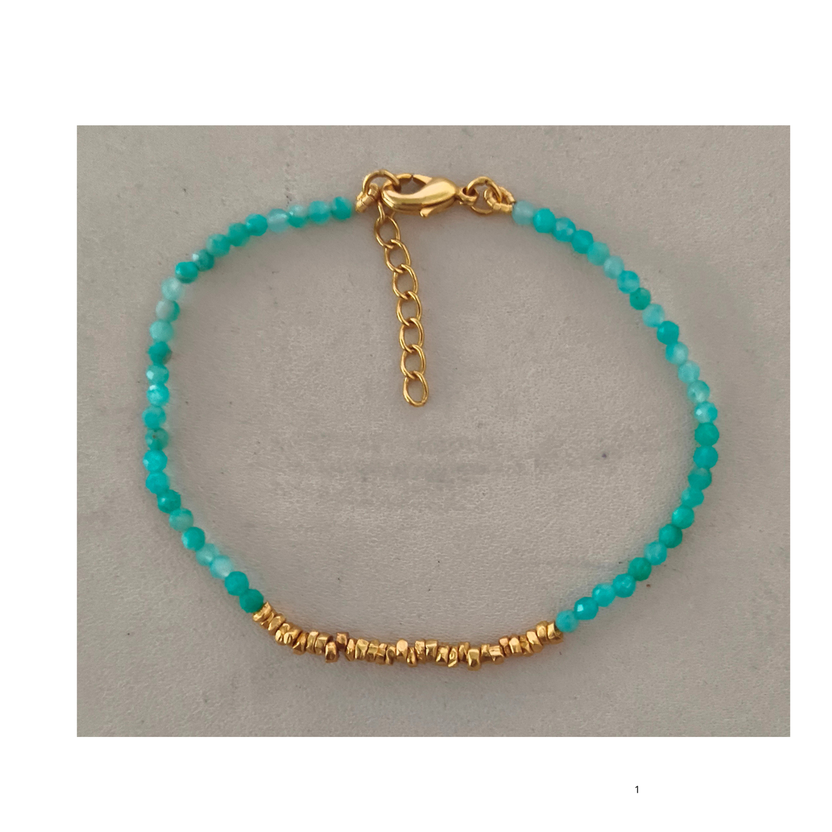 Amazonite Facet & Gold Plated Beads on Brass Bracelet 16+2cm