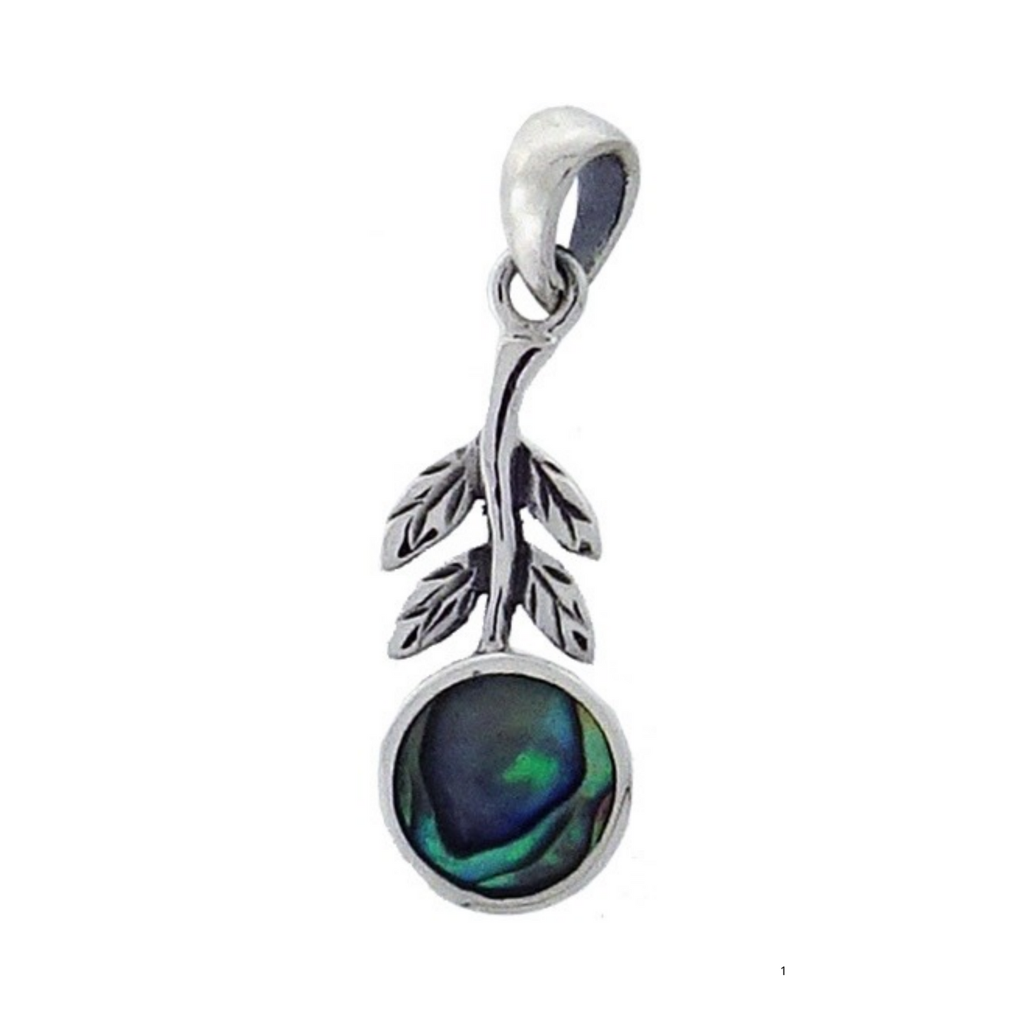 Pend NZ Paua stg silver 9mm leaf pattern